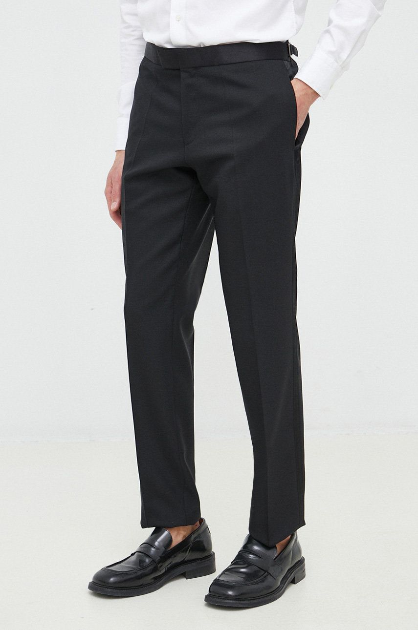 Levně Vlněné kalhoty BOSS pánské, černá barva, jednoduché