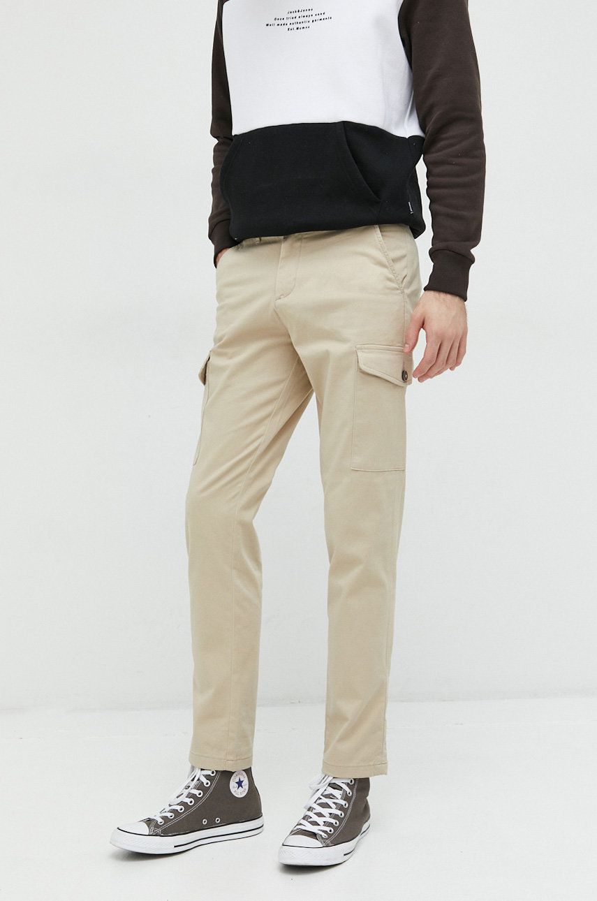 Kalhoty Jack & Jones JPSTOLLIE pánské, béžová barva, jednoduché, 12224001 - béžová -  98 % Bavl