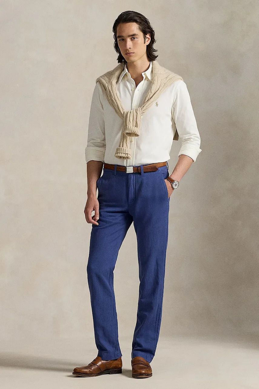 Levně Lněné kalhoty Polo Ralph Lauren tmavomodrá barva, 710901796