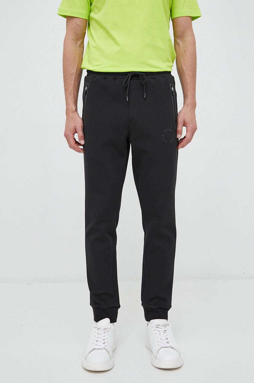 Boss pantaloni de trening boss green culoarea negru, cu imprimeu