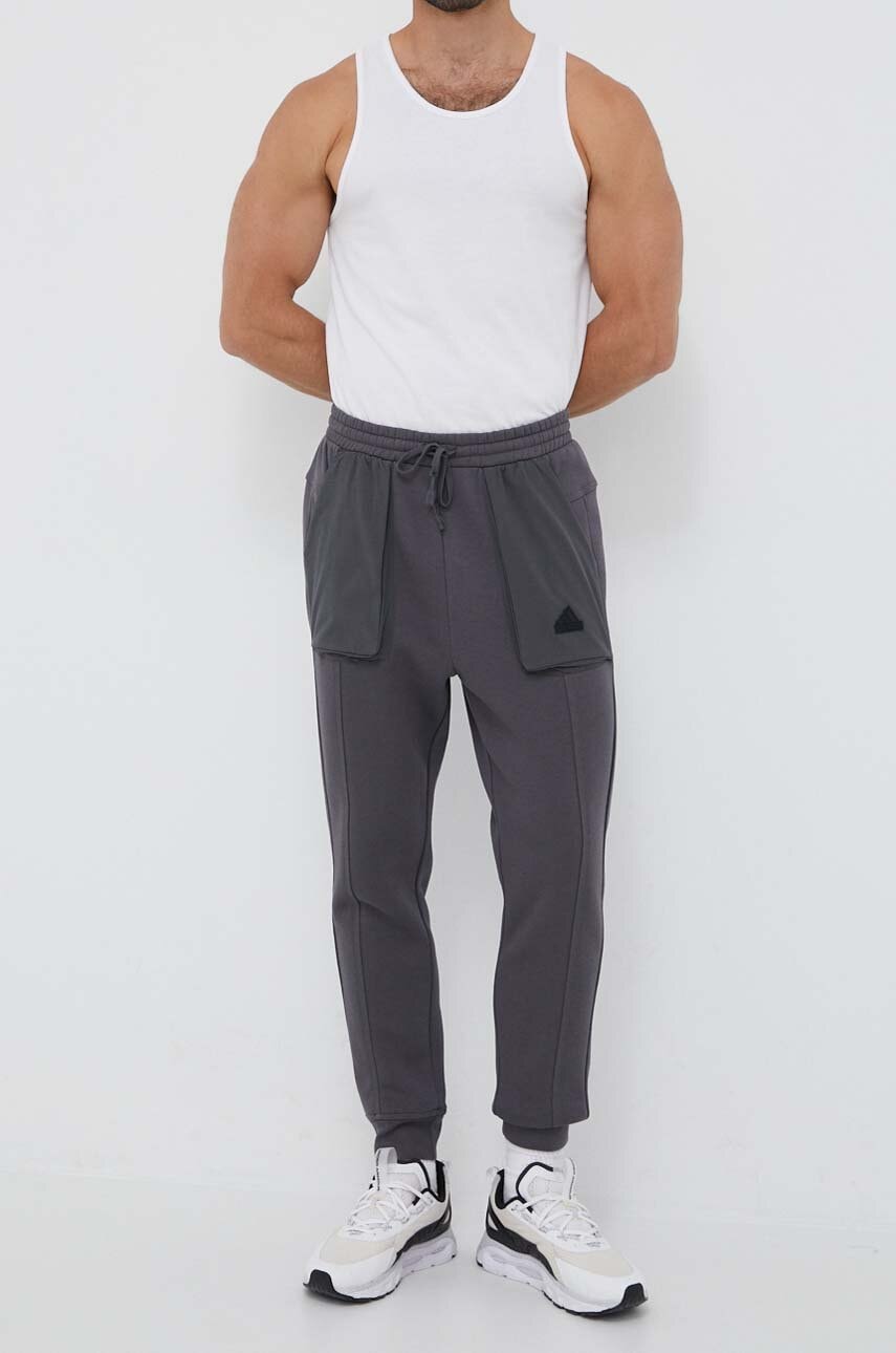 adidas pantaloni de trening culoarea gri, neted