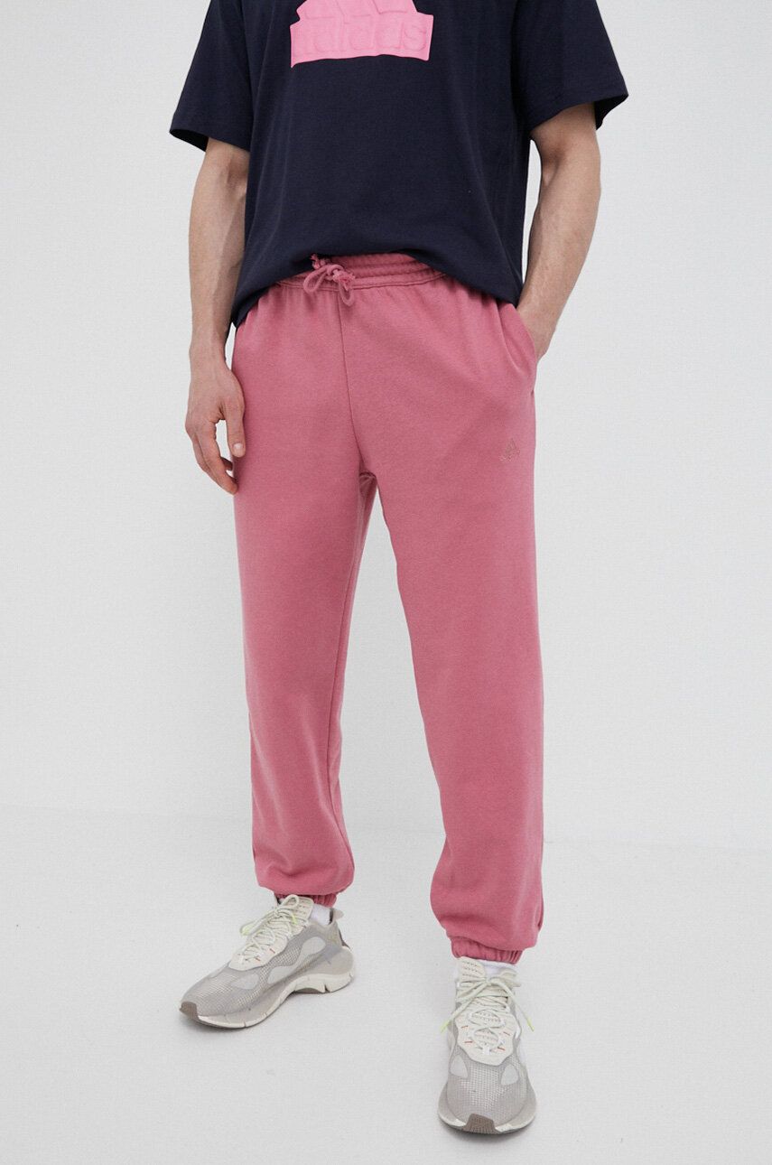 Tepláky adidas růžová barva, hladké - růžová -  80 % Bavlna