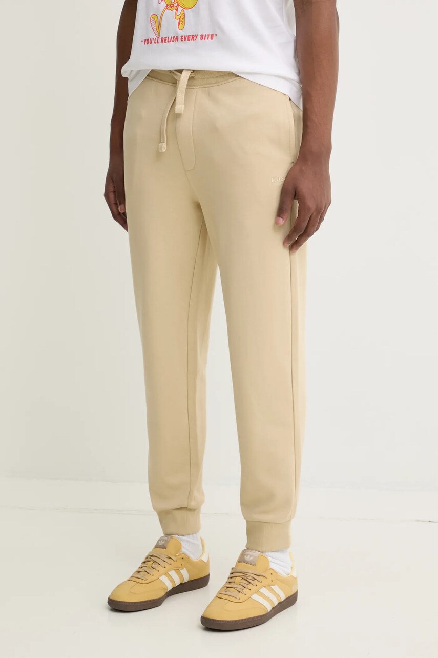 HUGO pantaloni de trening din bumbac culoarea bej, neted, 50489617