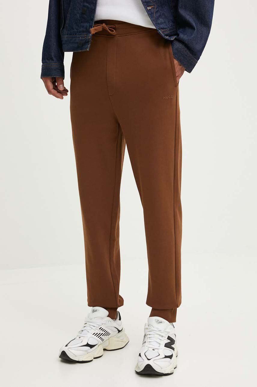 HUGO pantaloni de trening din bumbac culoarea maro, neted, 50489617