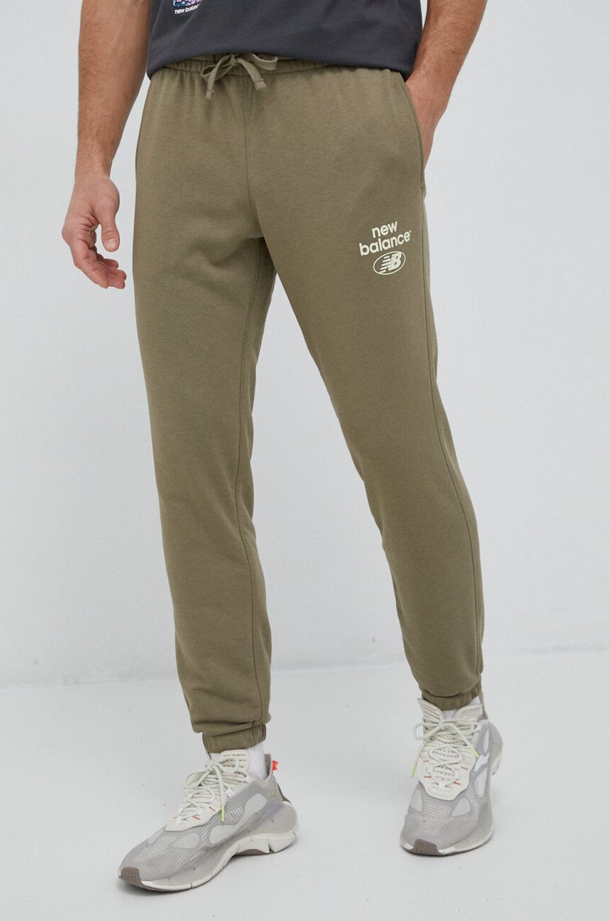 New Balance pantaloni de trening culoarea verde, cu imprimeu