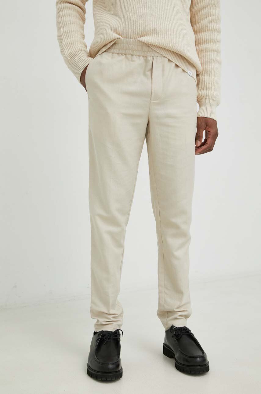 Plátěné kalhoty Samsoe Samsoe béžová barva, přiléhavé - béžová -  Hlavní materiál: 57 % Len