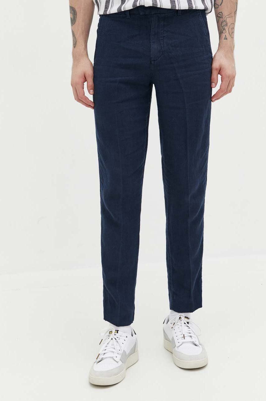 Plátěné kalhoty Abercrombie & Fitch tmavomodrá barva, přiléhavé