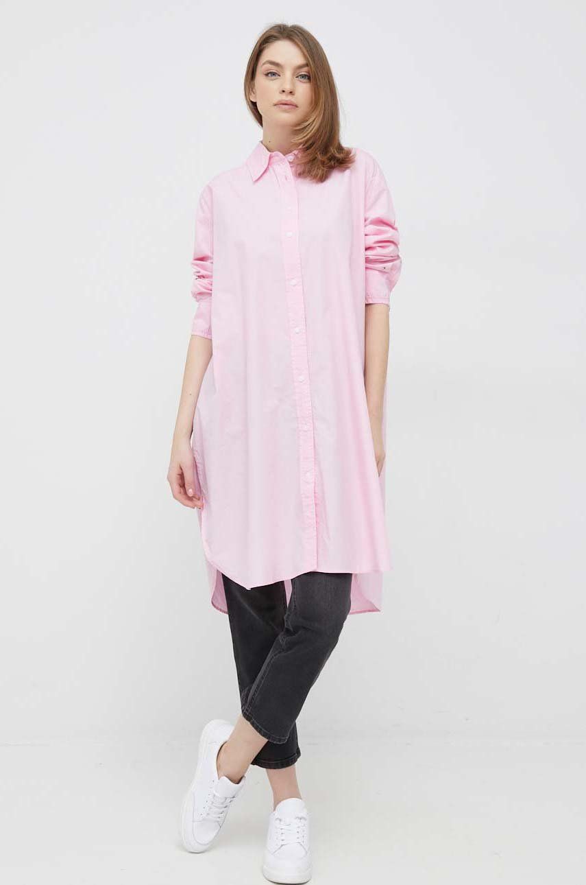 Levně Bavlněné šaty Tommy Hilfiger růžová barva, mini, oversize