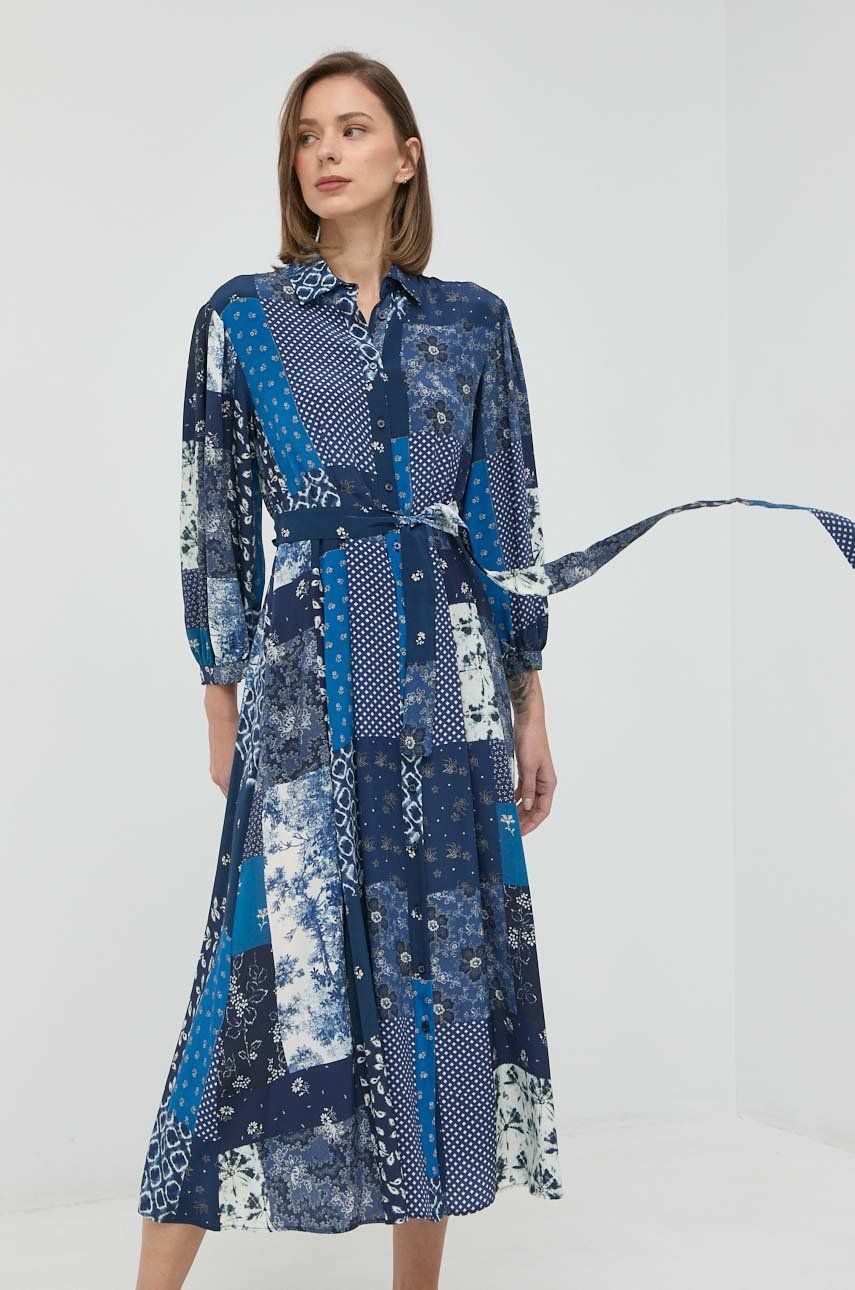 Hedvábné šaty Weekend Max Mara tmavomodrá barva, midi - námořnická modř -  100 % Hedvábí