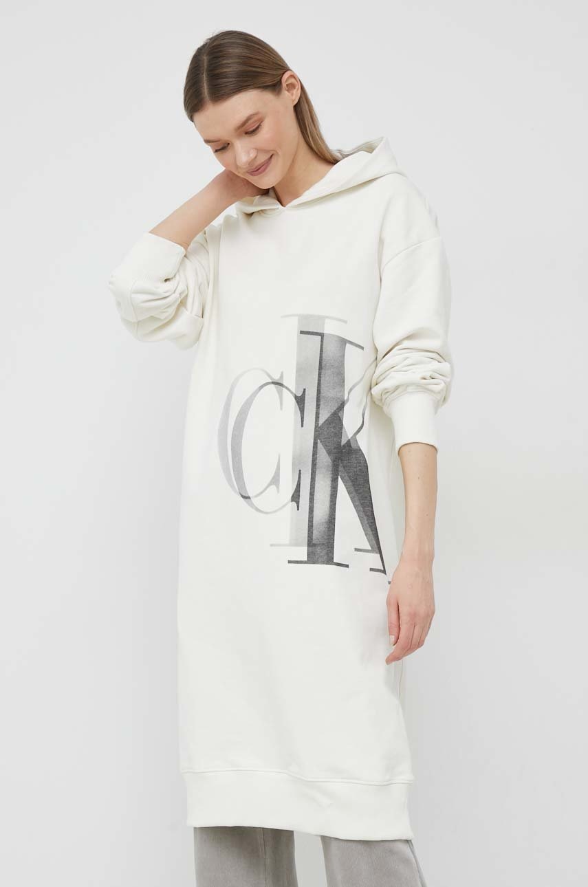 

Памучна рокля Calvin Klein Jeans в бежово къс модел с уголемена кройка, Бежов