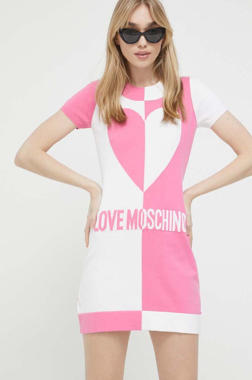 Love Moschino rochie din bumbac culoarea roz, mini, mulata