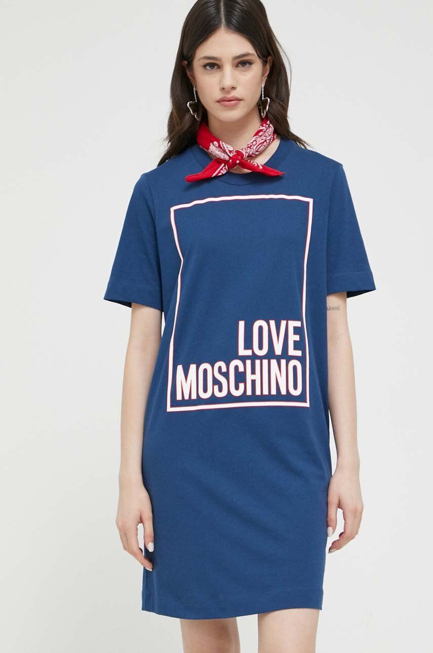 Pamučna Haljina Love Moschino Boja: Tamno Plava, Mini, Ravna