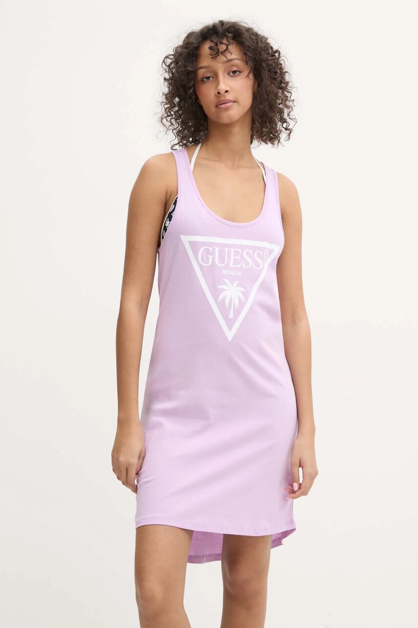 Levně Bavlněné šaty Guess fialová barva, mini