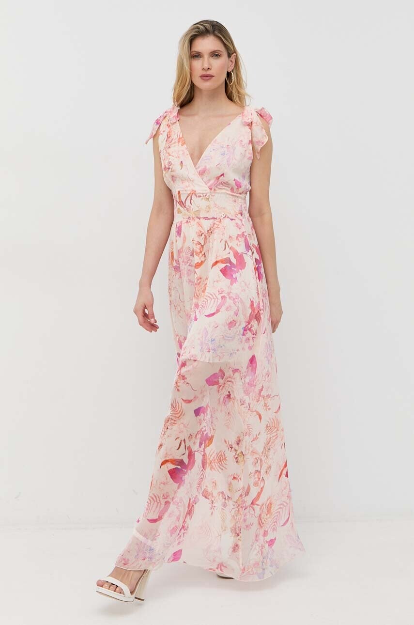 Сукня з домішкою шовку Guess колір бежевий maxi розкльошена