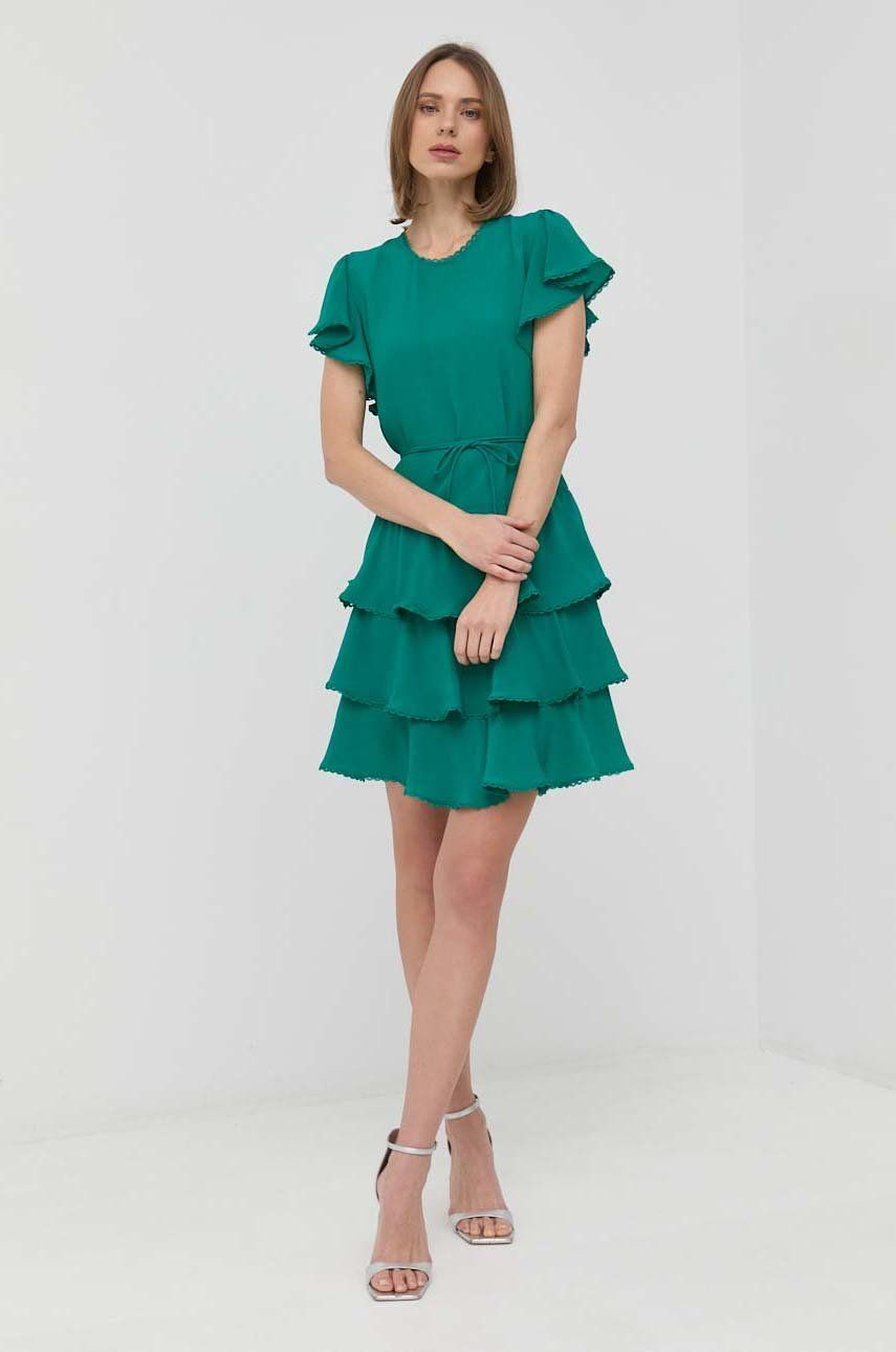 Šaty s příměsí hedvábí Twinset zelená barva, mini - zelená -  65 % Viskóza