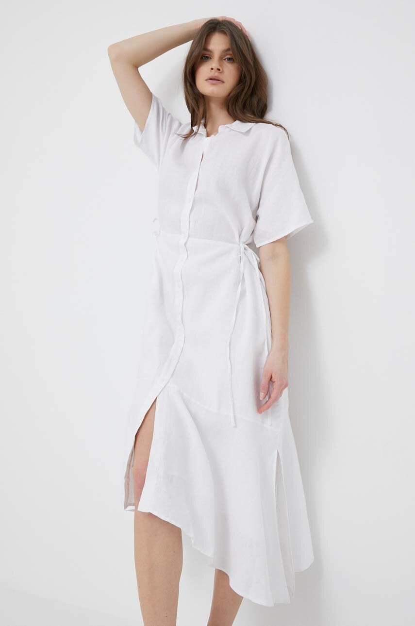 Plátěné šaty Dkny bílá barva, midi - bílá -  Hlavní materiál: 100 % Len Podšívka: 100 % Ba