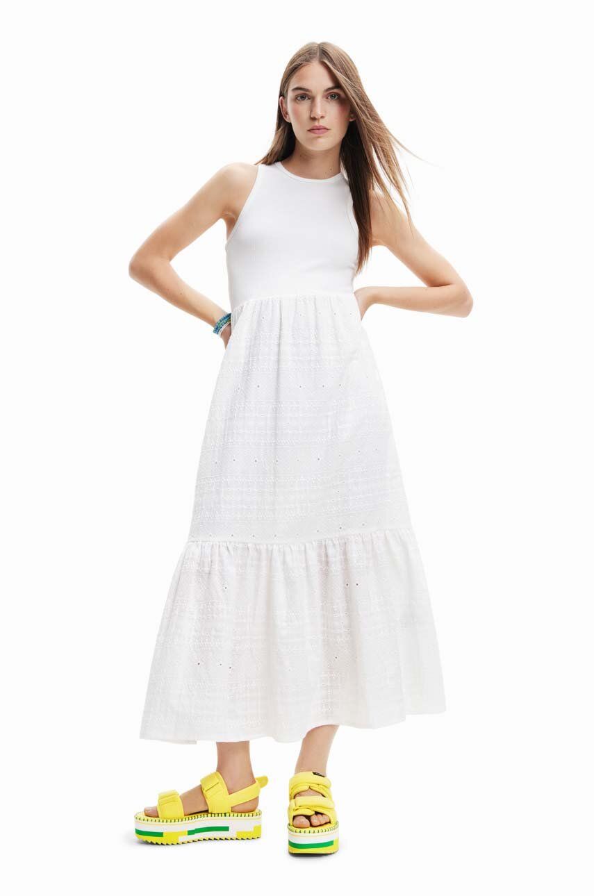 Šaty Desigual bílá barva, midi - bílá -  81 % Bavlna