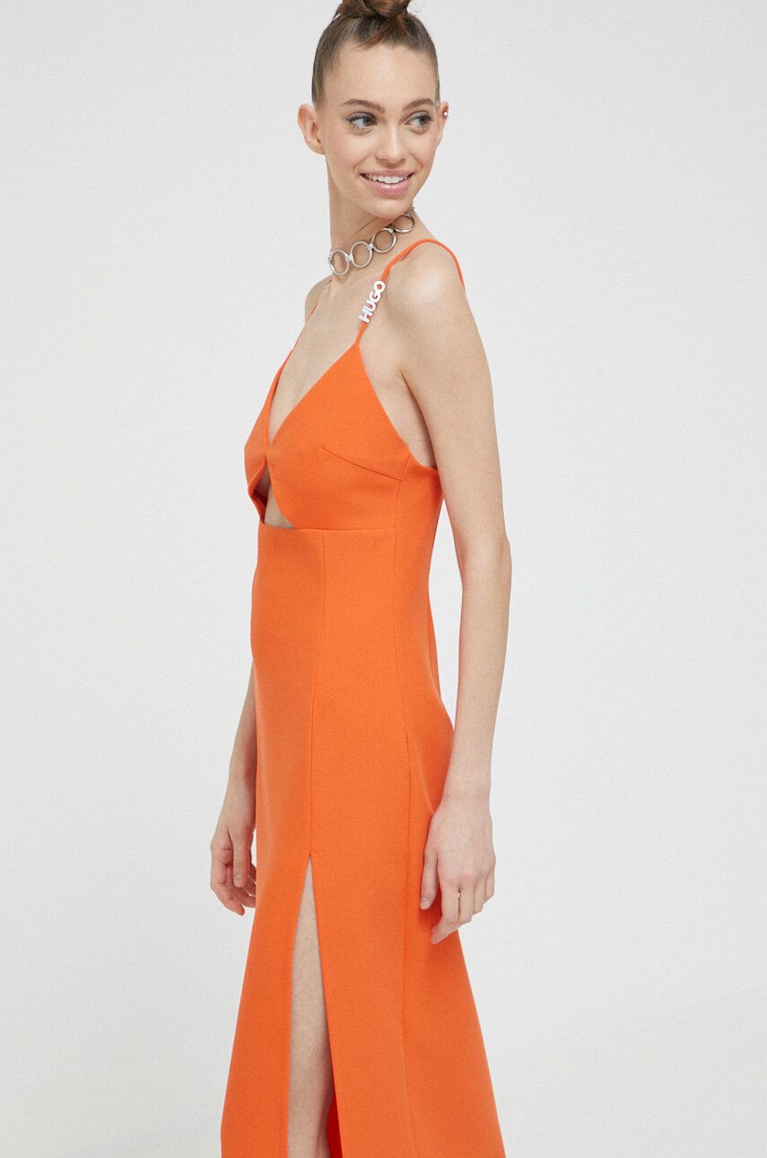 Šaty HUGO oranžová barva, midi - oranžová -  Hlavní materiál: 41 % Recyklovaný polyester
