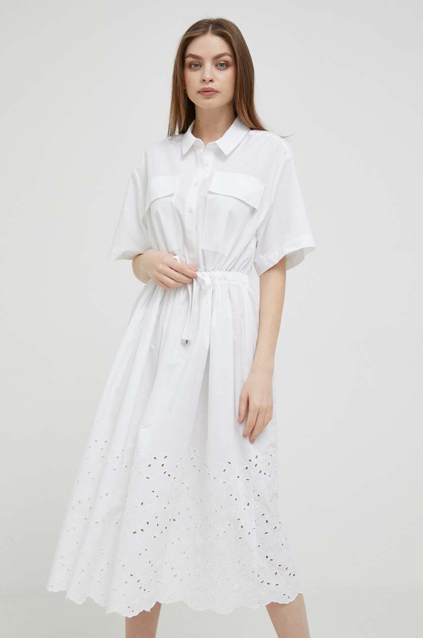 United Colors of Benetton rochie din bumbac culoarea alb, midi, evazati
