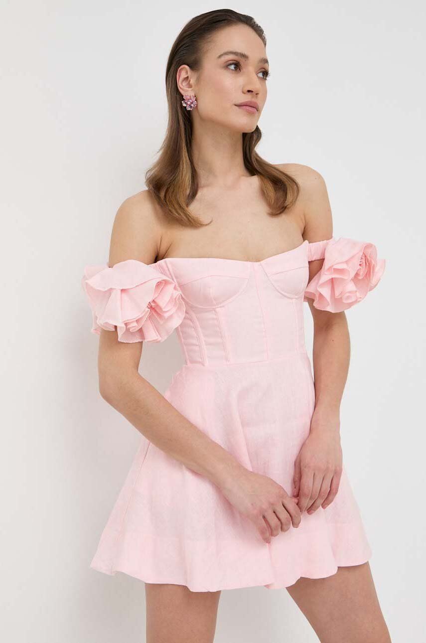 Bardot rochie din in culoarea roz, mini, evazati
