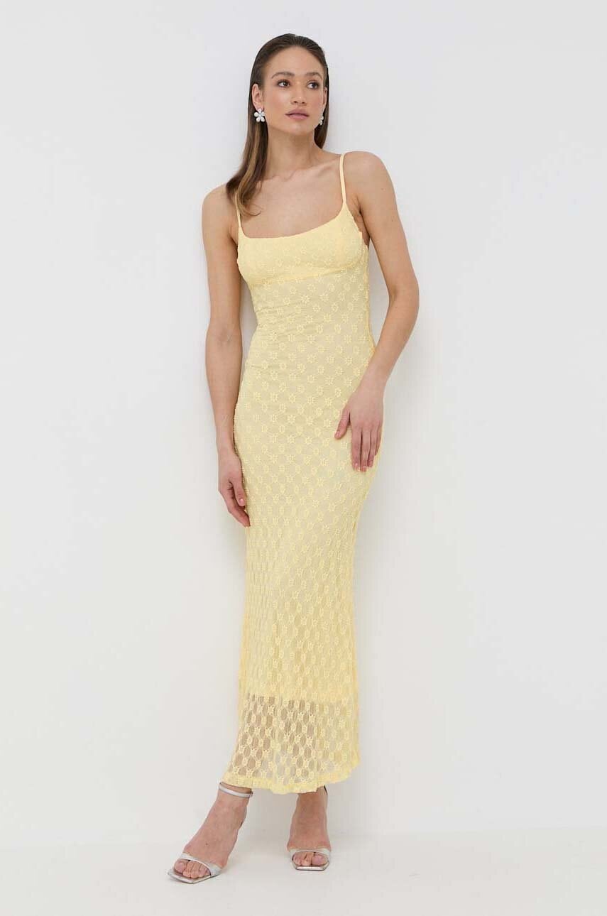 Bardot rochie culoarea galben, maxi, mulata