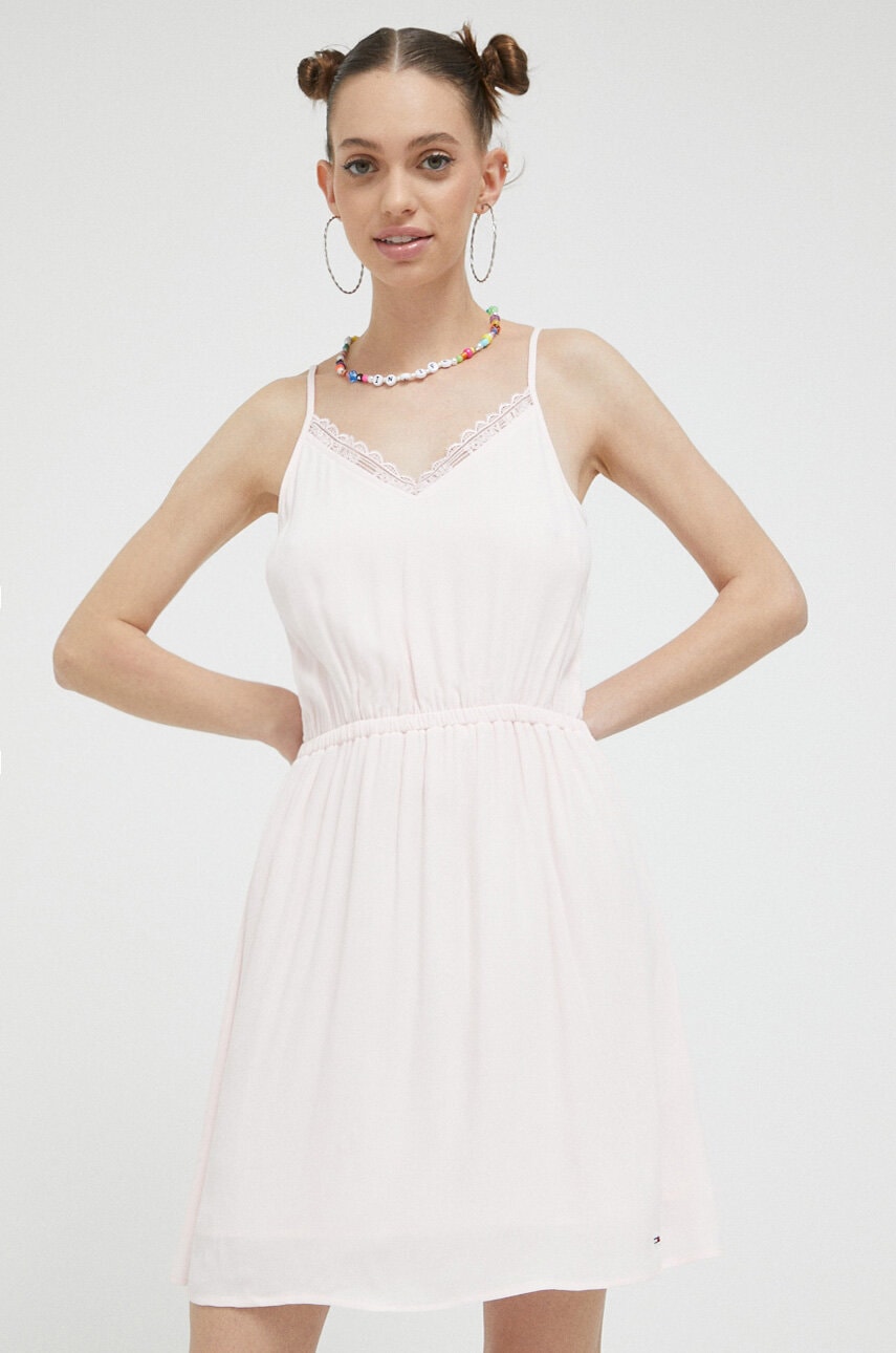 Tommy Jeans rochie culoarea roz, mini, evazată