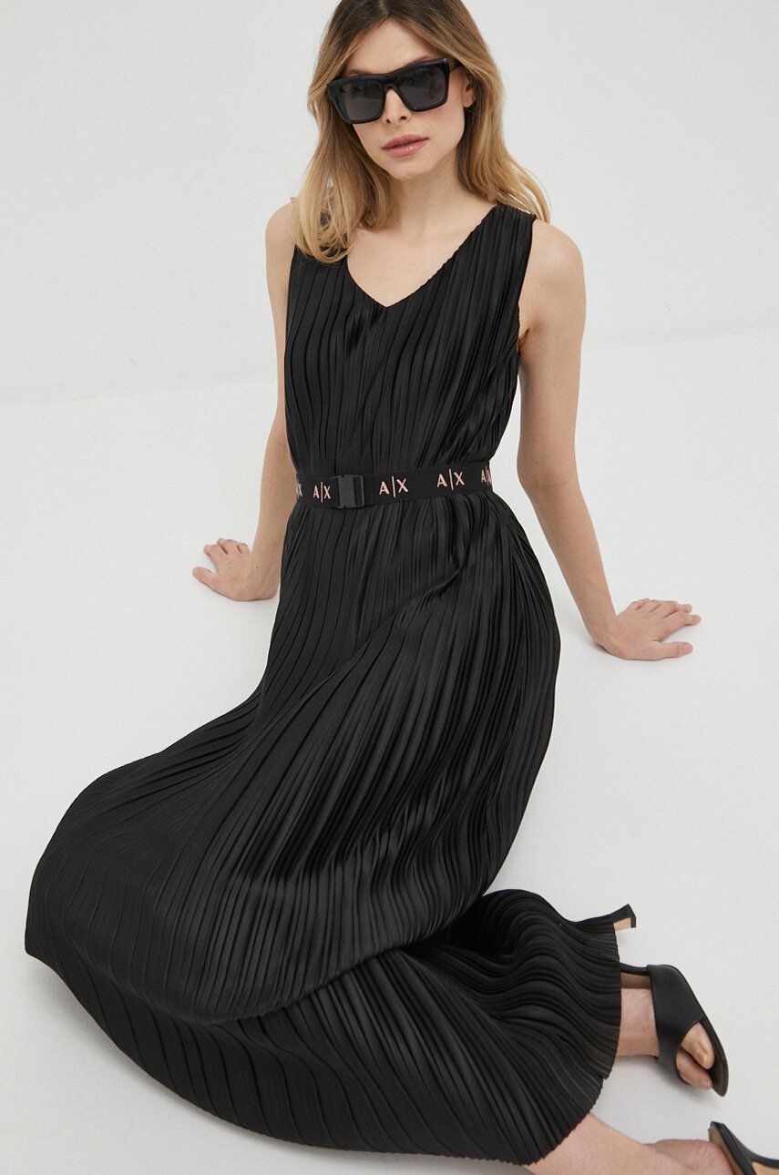 Armani Exchange rochie culoarea negru, midi, evazati answear.ro