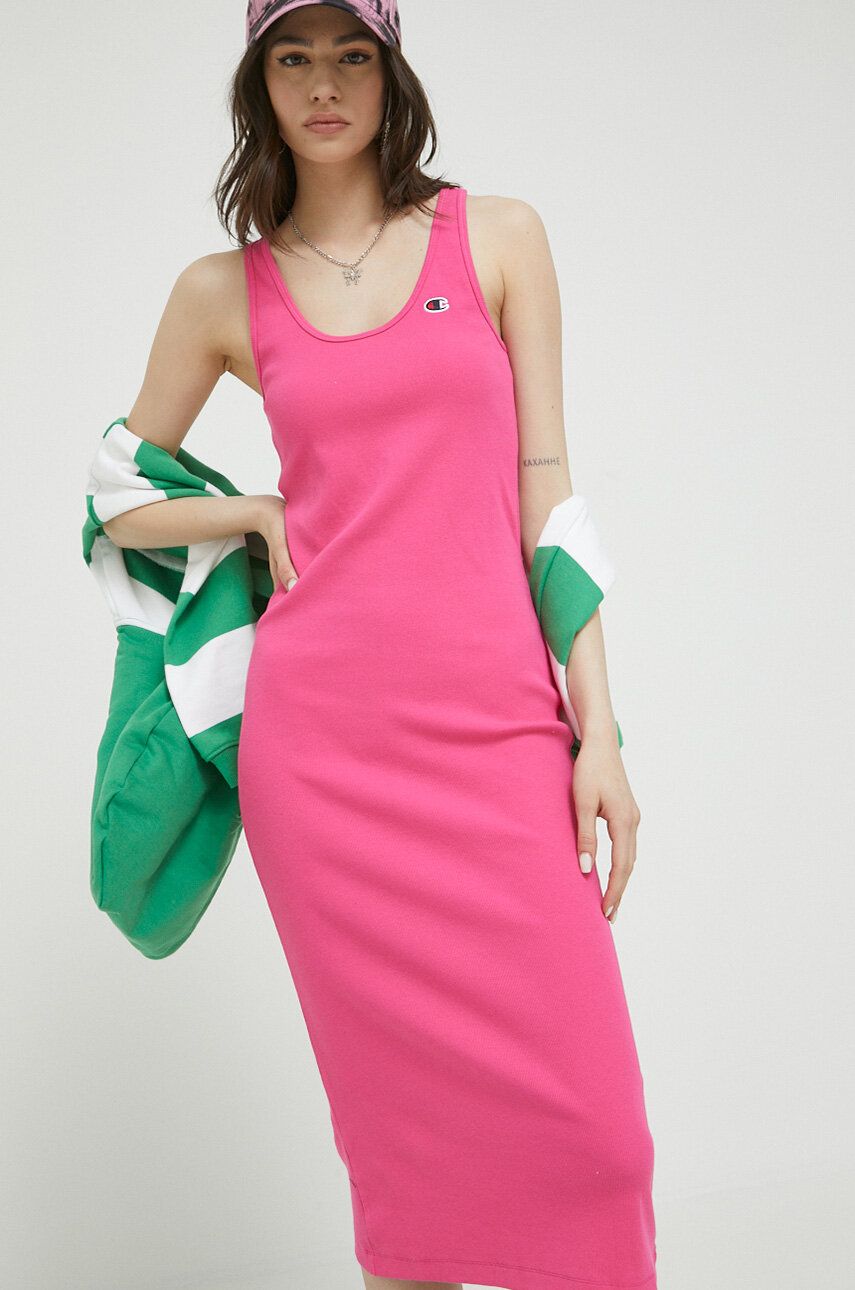 Šaty Champion růžová barva, midi - růžová -  91 % Bavlna
