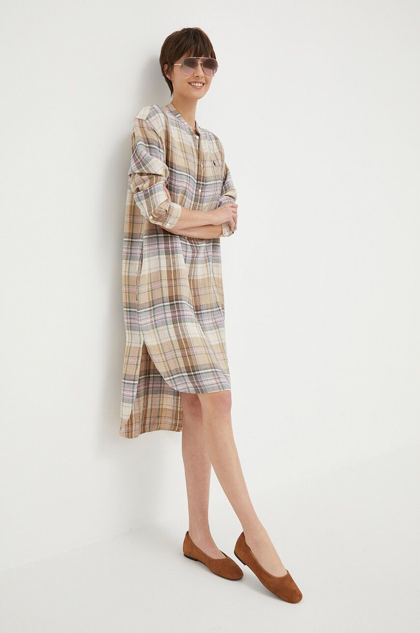 Ľanové šaty Polo Ralph Lauren béžová farba, midi, oversize