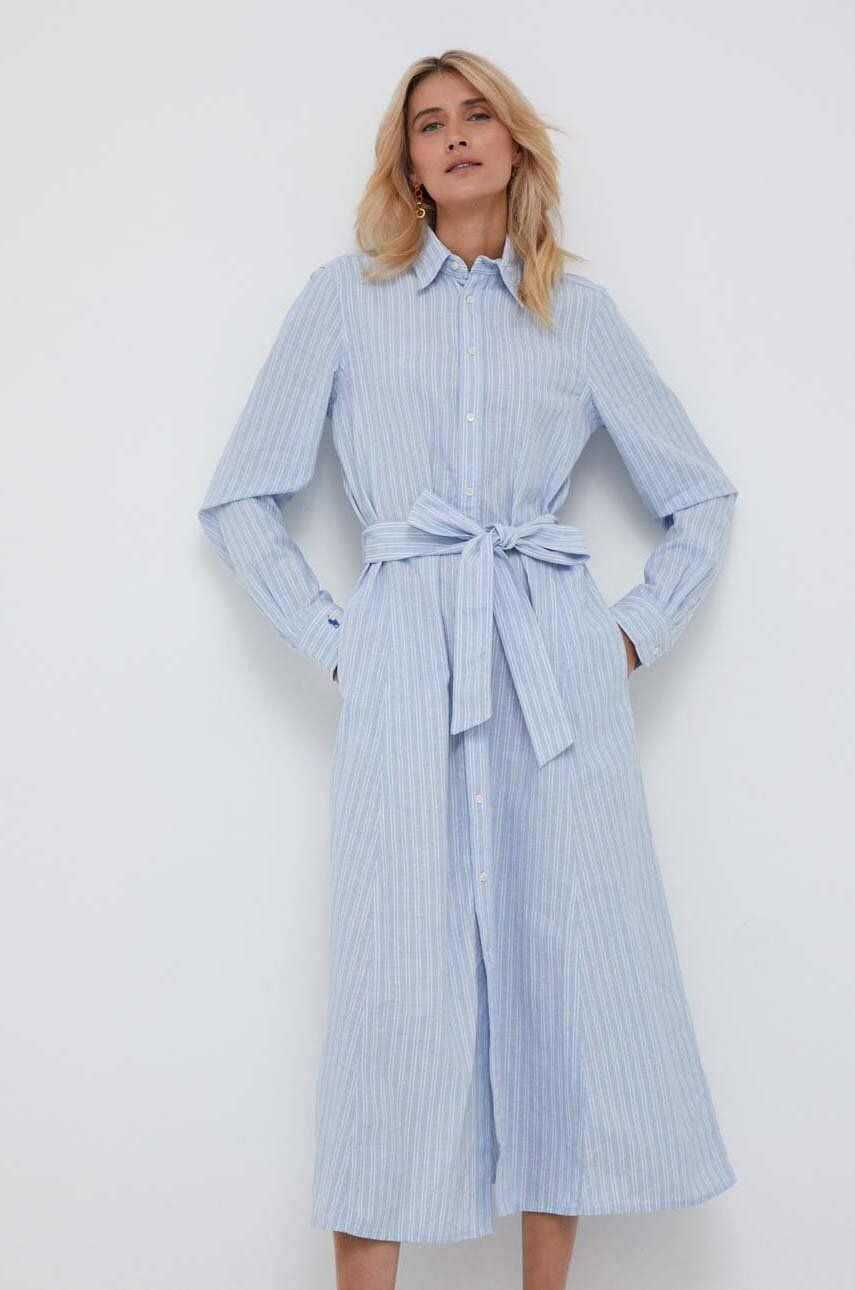 Plátěné šaty Polo Ralph Lauren midi - modrá -  55 % Len