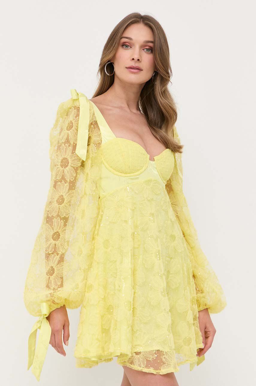 For Love & Lemons rochie culoarea galben, mini, evazati