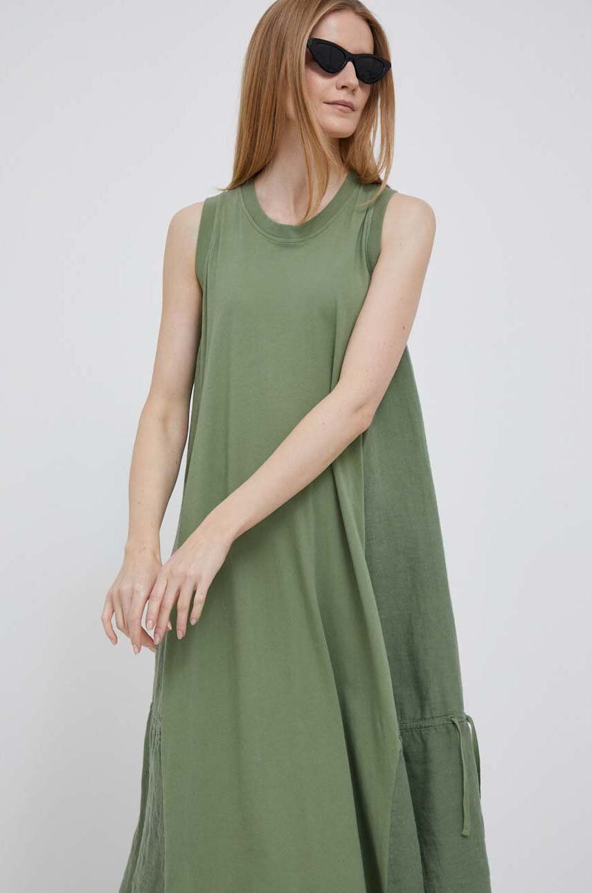 Deha rochie din amestec de in culoarea verde, midi, evazati