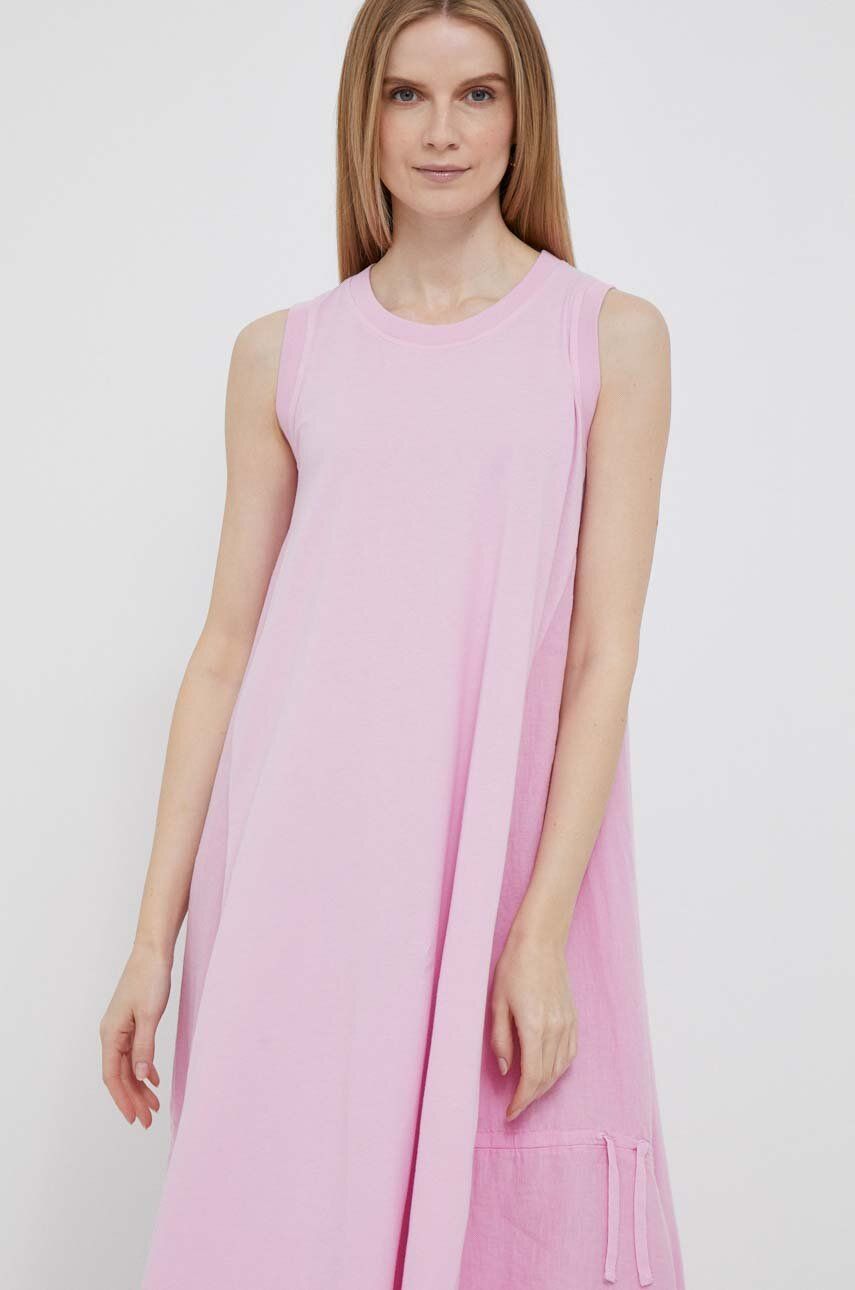Šaty s příměsí lnu Deha růžová barva, midi, oversize - růžová -  Materiál č. 1: 100 % Len 