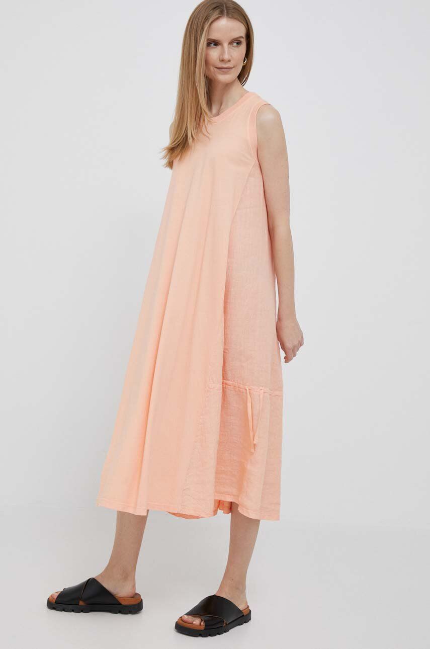 Šaty s příměsí lnu Deha oranžová barva, midi - oranžová -  Materiál č. 1: 100 % Len Materi