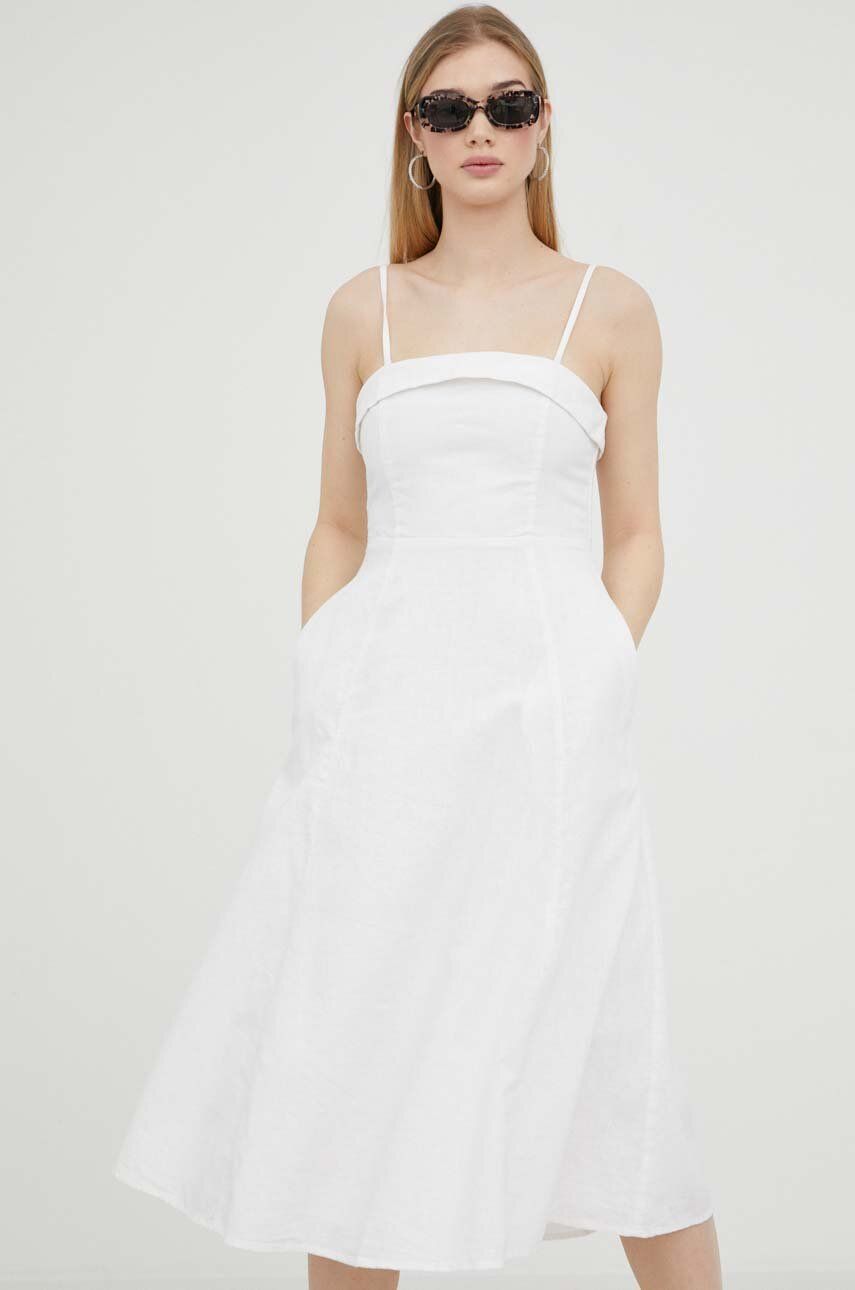 Plátěné šaty Abercrombie & Fitch bílá barva, midi - bílá -  Hlavní materiál: 53 % Len