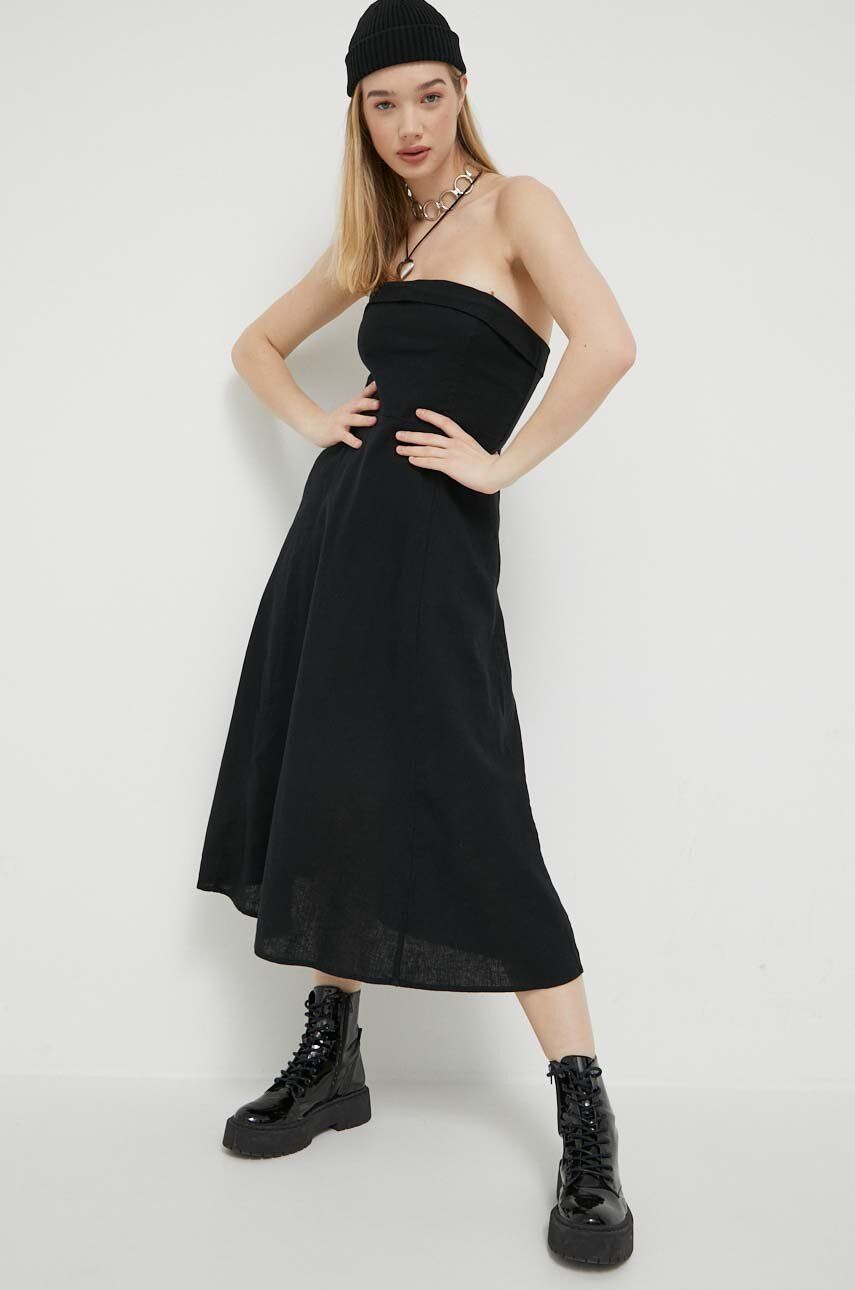 Plátěné šaty Abercrombie & Fitch černá barva, midi - černá -  Hlavní materiál: 53 % Len