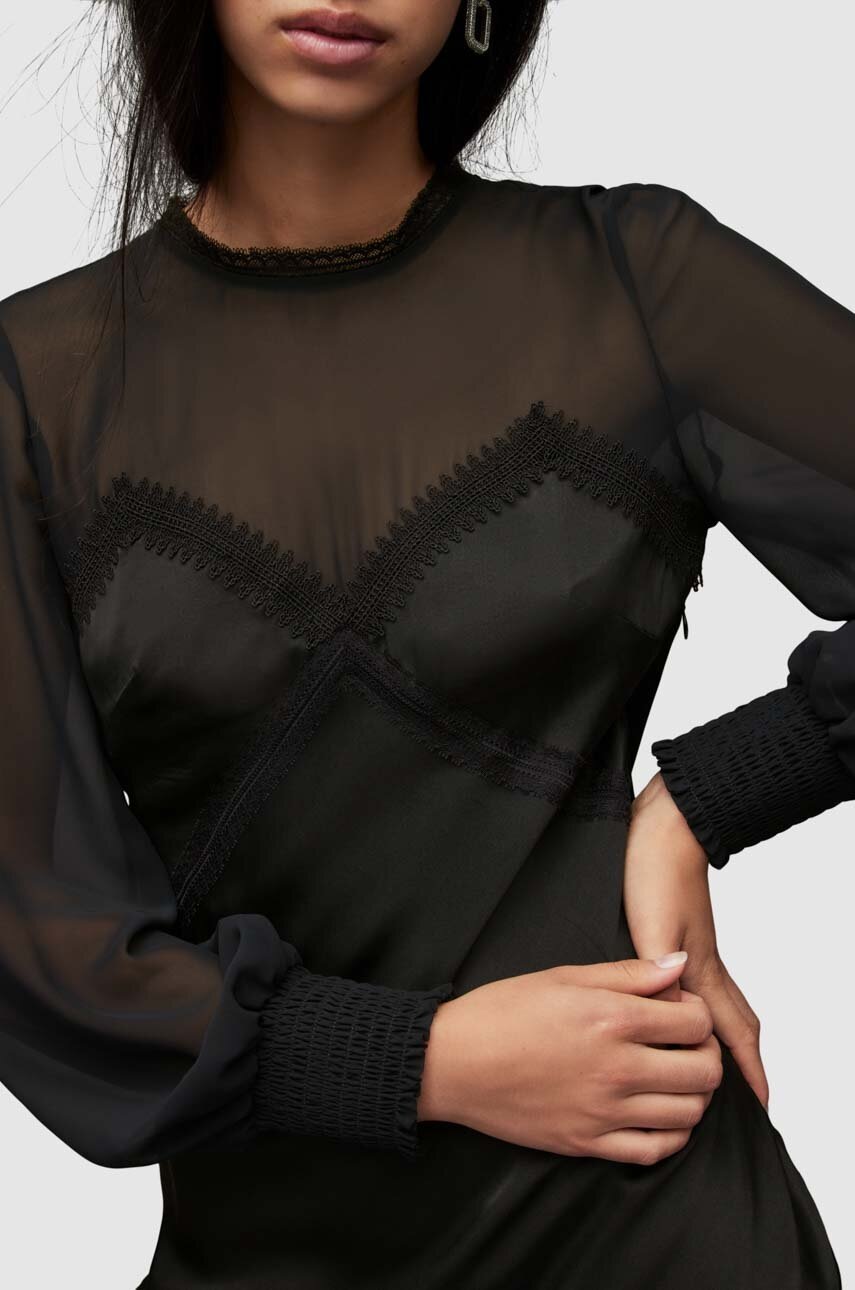 

Сукня з домішкою шовку AllSaints колір чорний maxi пряма