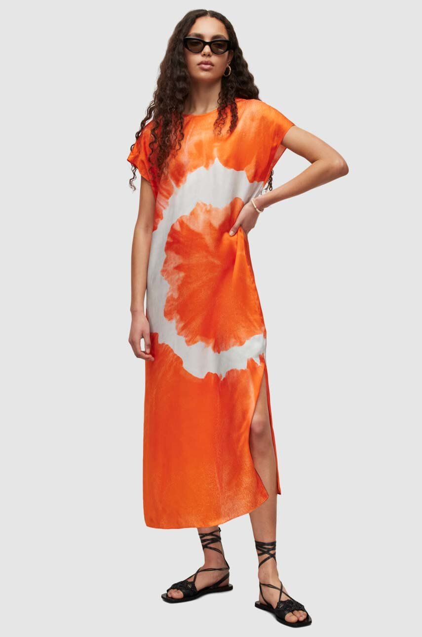 AllSaints rochie din amestec de matase culoarea portocaliu, midi, drept