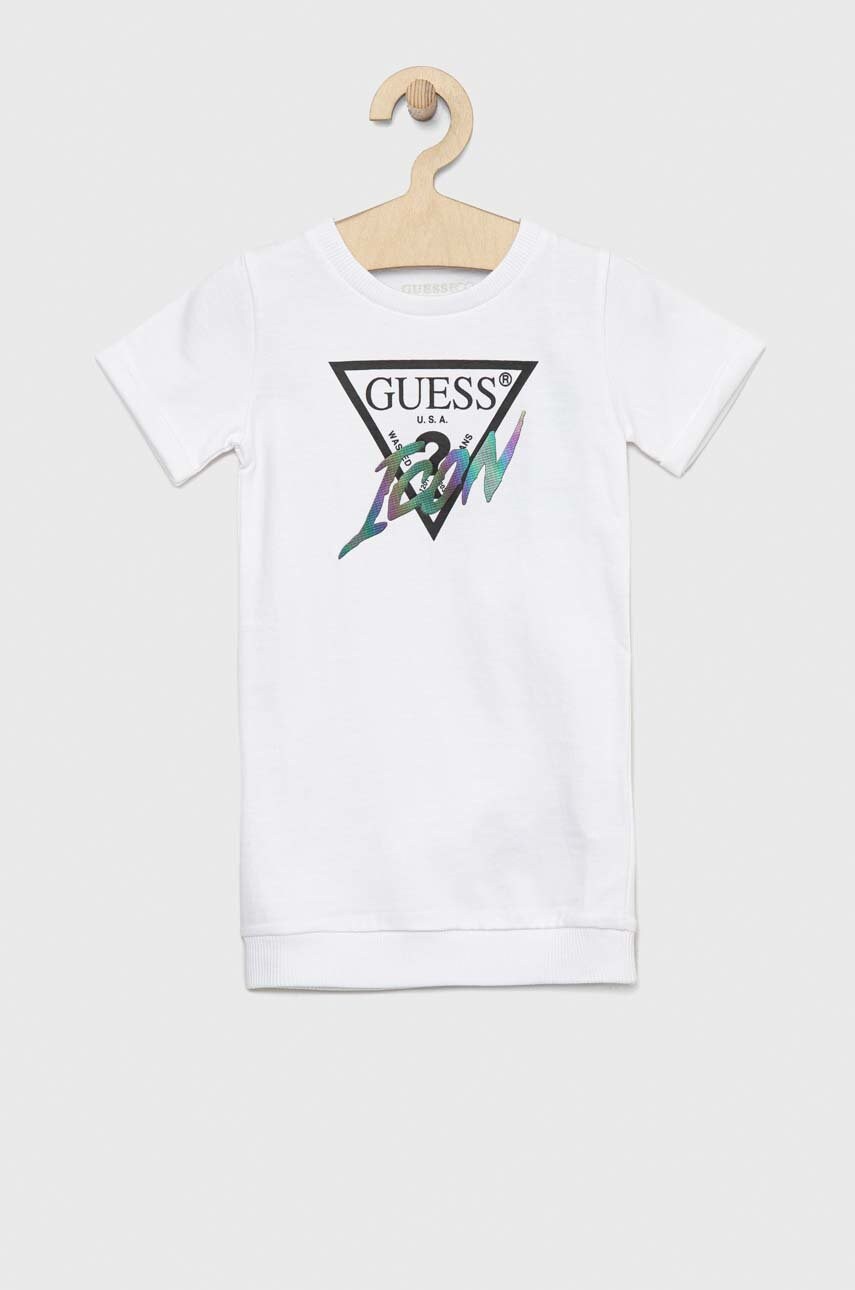 

Детска памучна рокля Guess в бяло къс модел със стандартна кройка, Бял