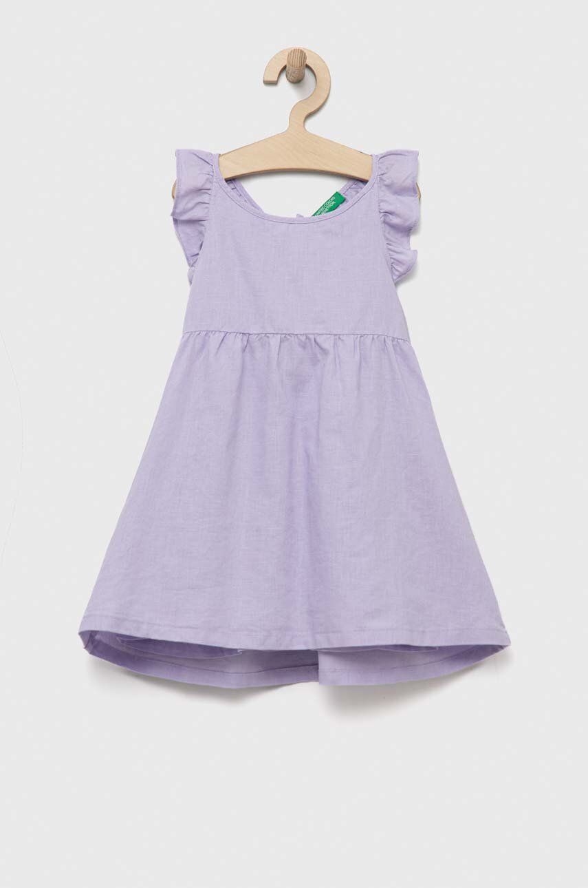 Levně Dětské lněné šaty United Colors of Benetton fialová barva, mini