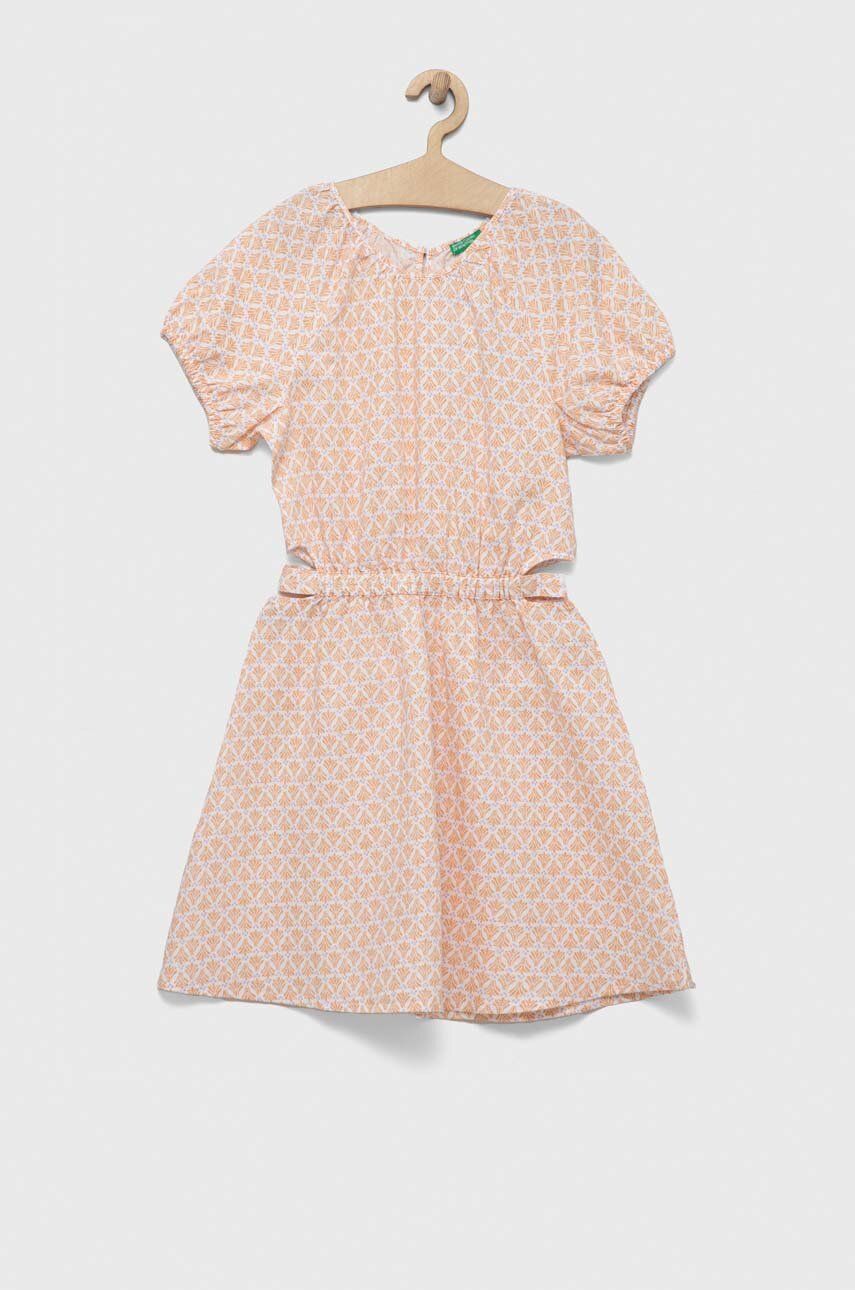E-shop Dětské lněné šaty United Colors of Benetton oranžová barva, mini