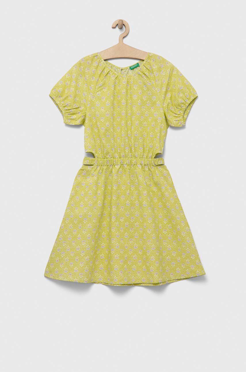 United Colors of Benetton rochie din in pentru copii culoarea verde, mini, evazati