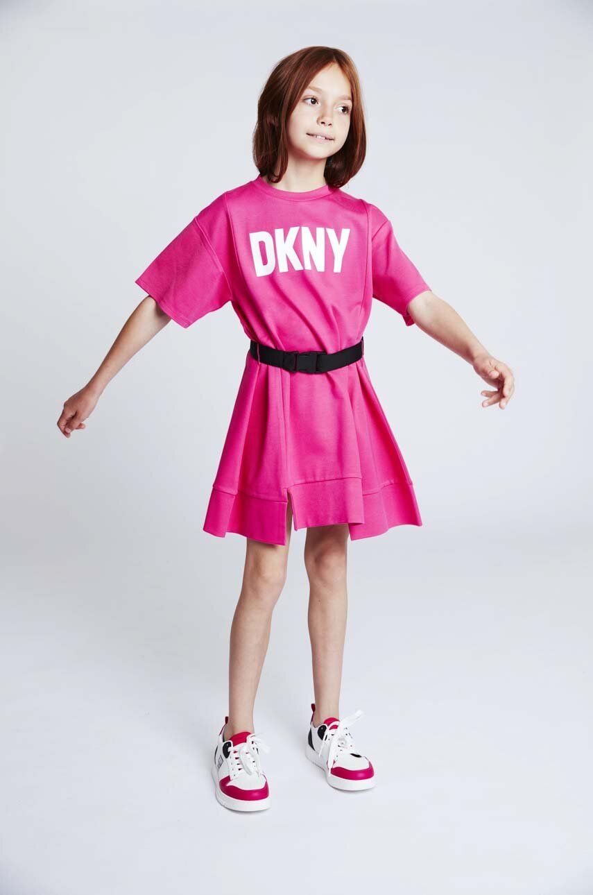 Dívčí šaty Dkny růžová barva, mini, oversize - růžová -  73 % Viskóza