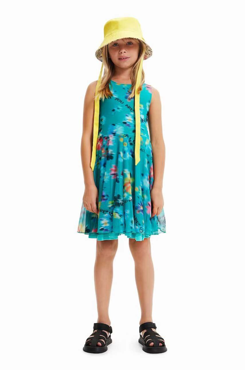 Levně Dětské bavlněné šaty Desigual tyrkysová barva, mini