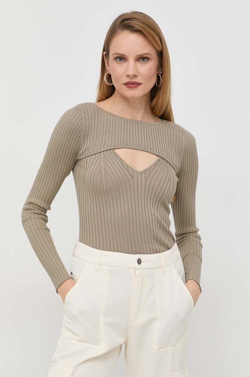 

Лонгслів з домішкою шовку Guess жіночий колір зелений легкий