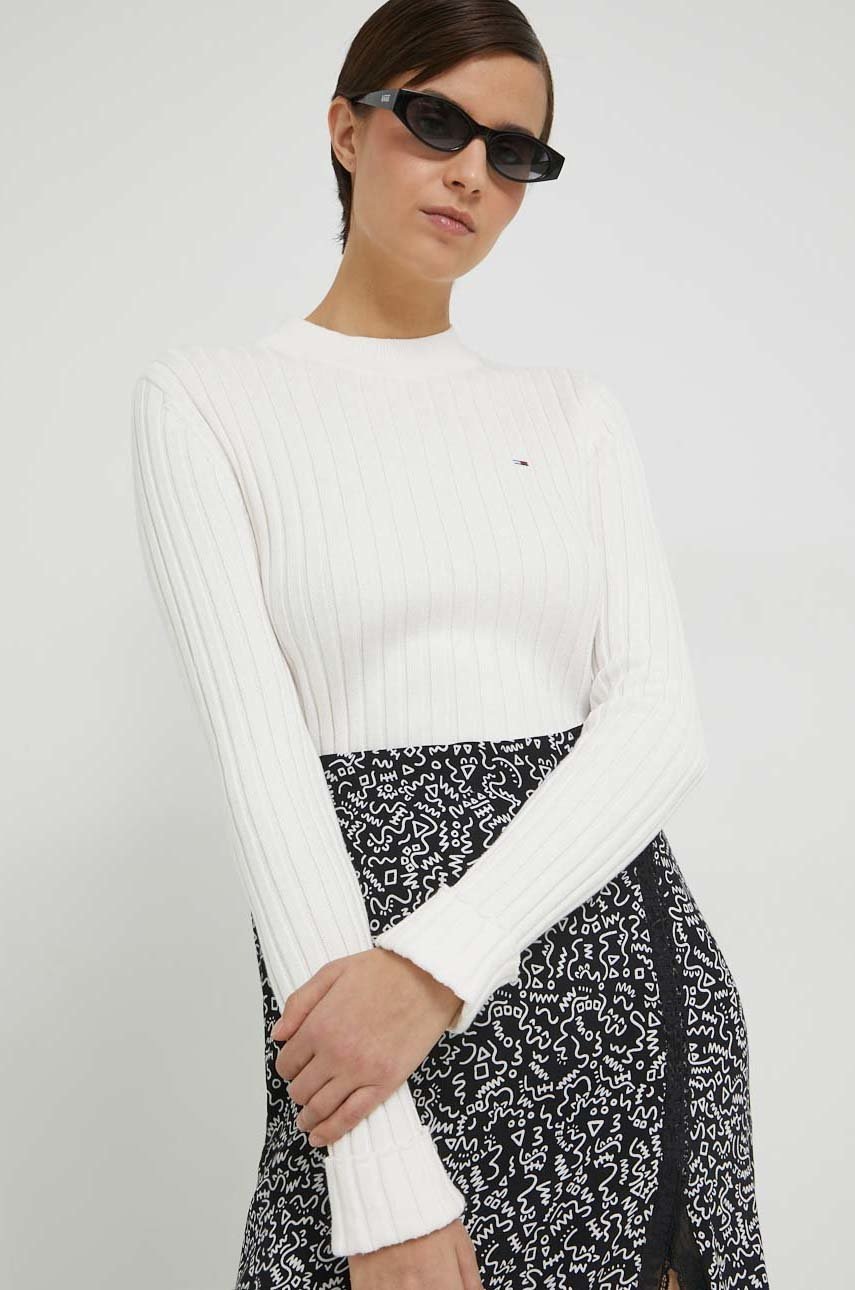 Tommy Jeans pulover de bumbac femei, culoarea bej, light