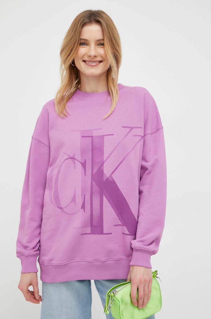 

Памучен суичър Calvin Klein Jeans в лилаво с принт, Виолетов