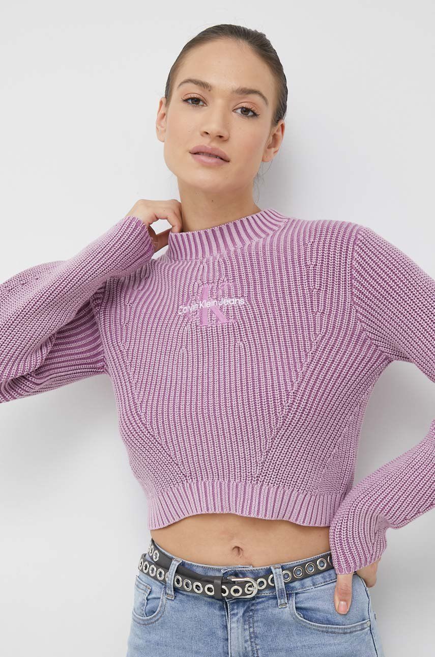 Bavlněný svetr Calvin Klein Jeans dámský, fialová barva, s pologolfem - fialová -  100 % Bavlna