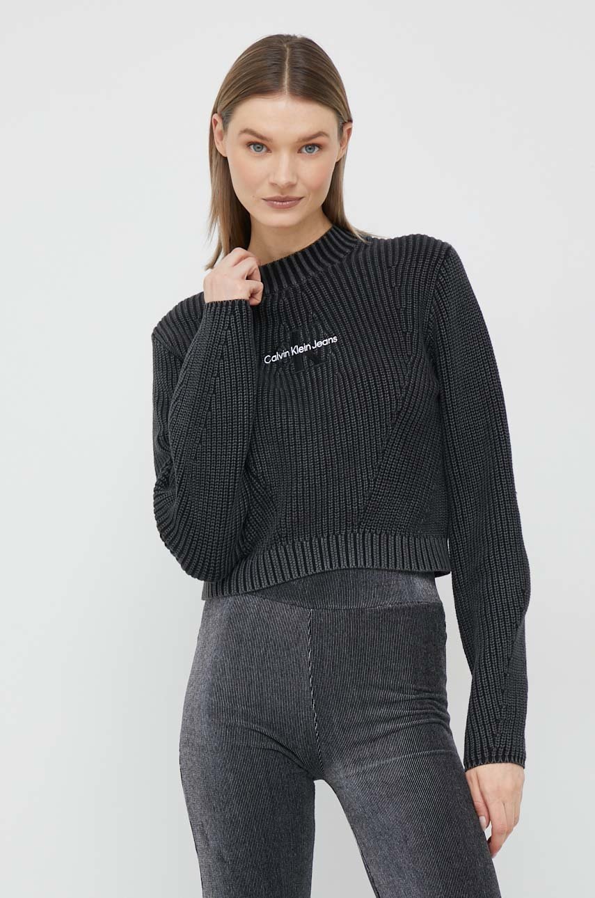 

Памучен пуловер Calvin Klein Jeans дамски в черно с ниско поло, Черен