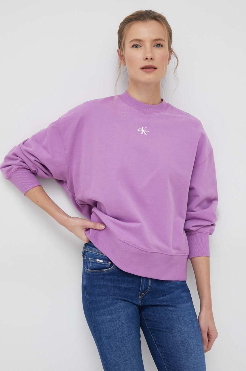 

Памучен суичър Calvin Klein Jeans в лилаво с изчистен дизайн, Виолетов